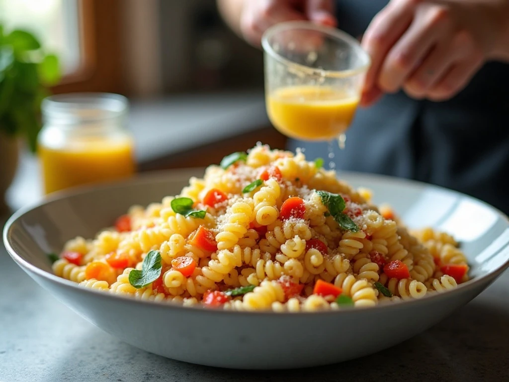 Tossing pasta and colorful vegetables with dressing for pasta salad