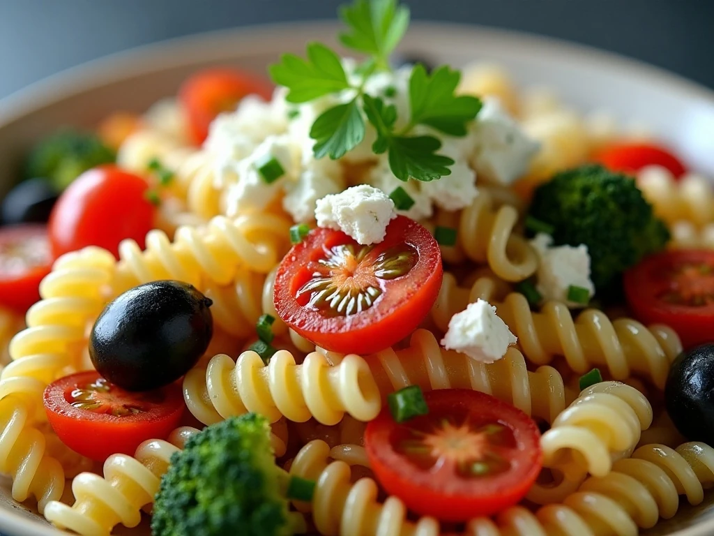 Close-up of rainbow pasta salad garnished with feta and parsley