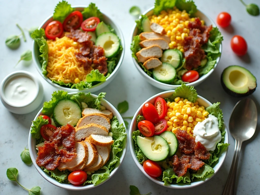 Four colorful ranch chicken salad bowls ready to serve