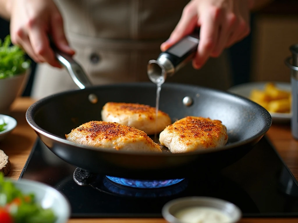 Seasoned chicken cooking in a skillet for salad bowls
