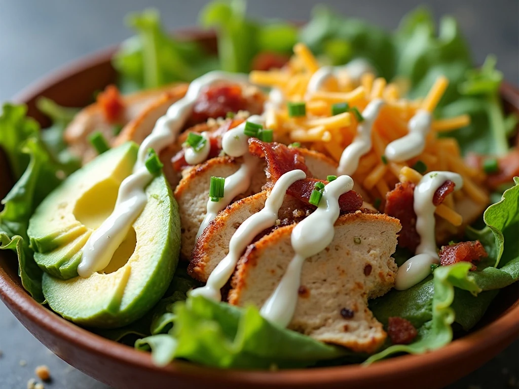 Ranch chicken salad bowl with herbs, cheese, and bacon
