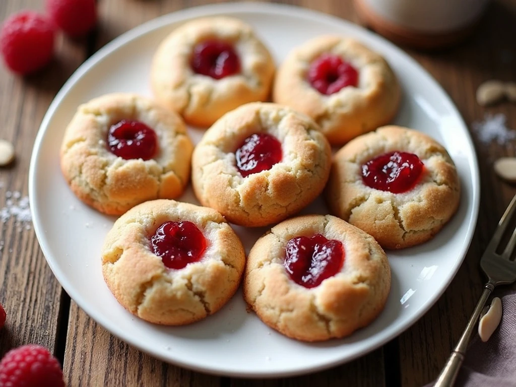Raspberry almond shortbread thumbprint cookies with jam centers and almond glaze