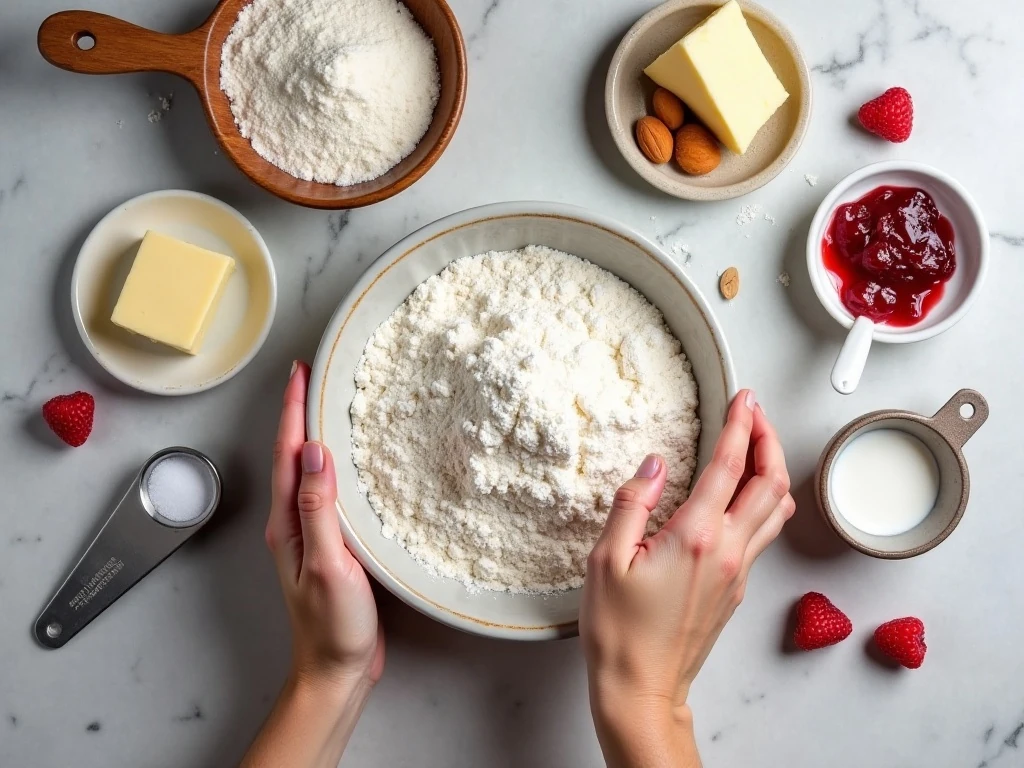Ingredients for raspberry almond shortbread thumbprint cookies