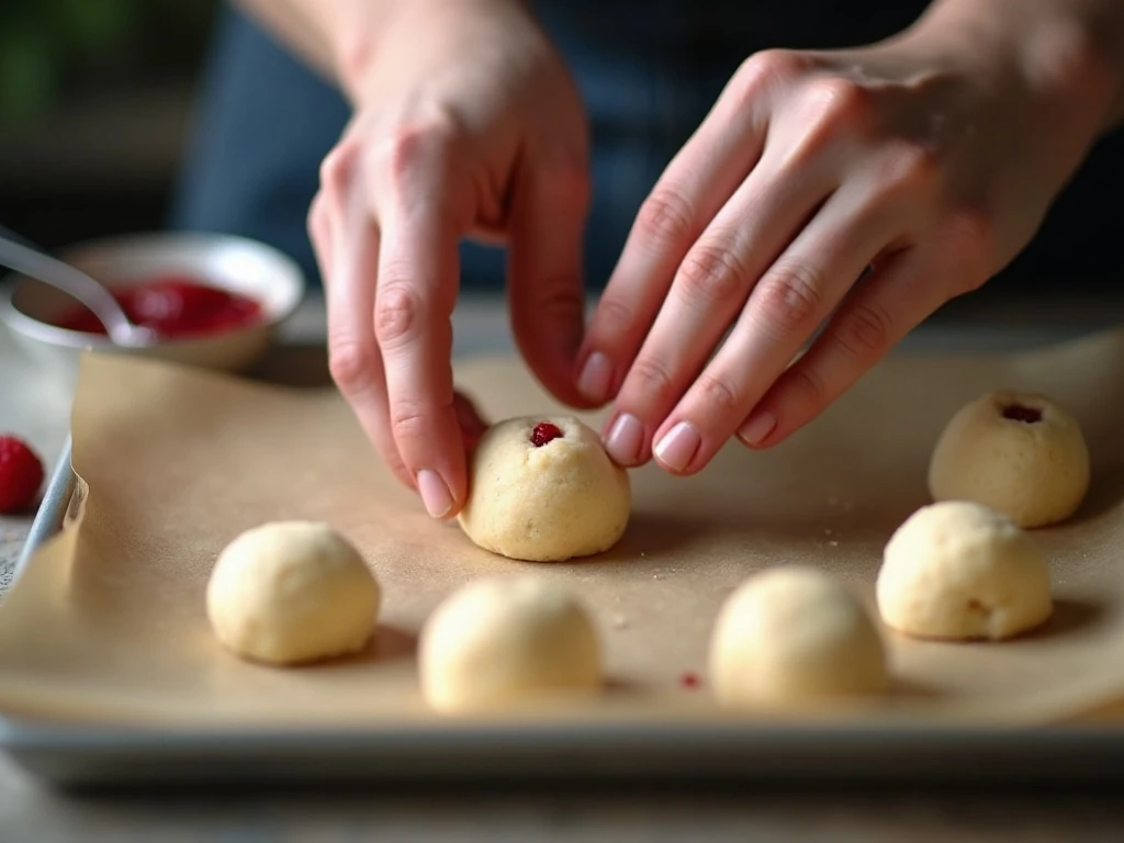 Making thumbprint wells in shortbread cookie dough
