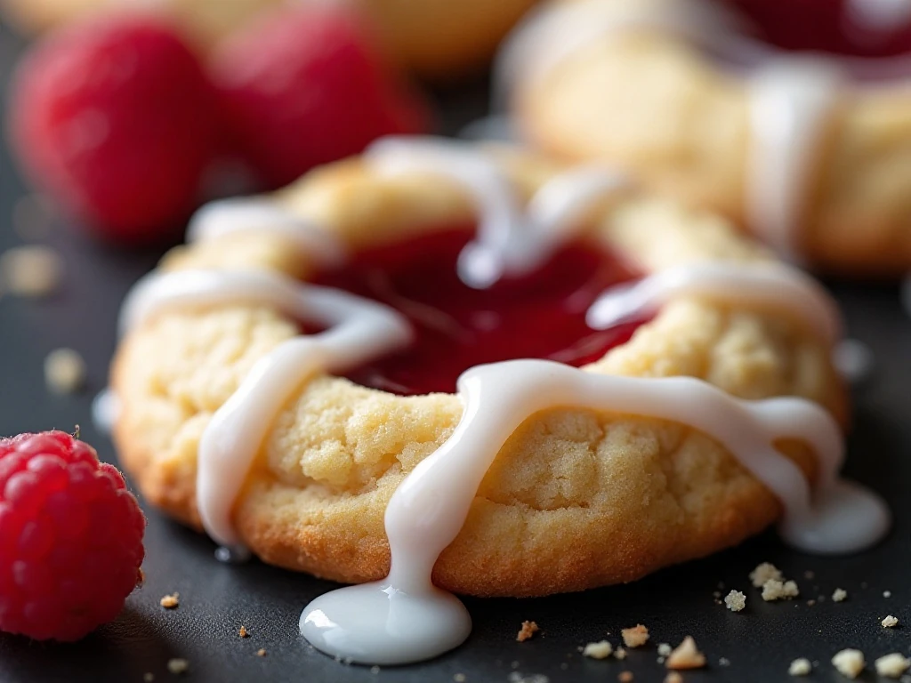 Close-up of a glossy raspberry jam thumbprint cookie
