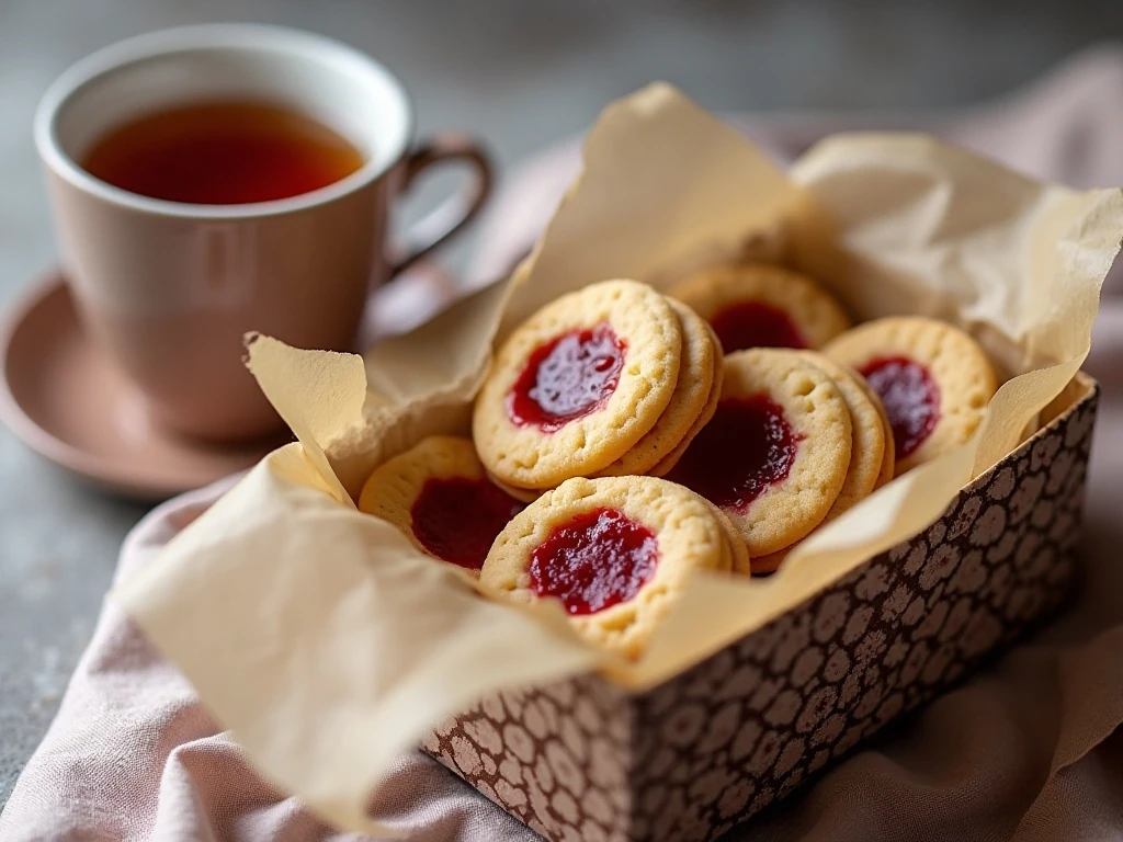 Raspberry almond thumbprint cookies prepared for gifting