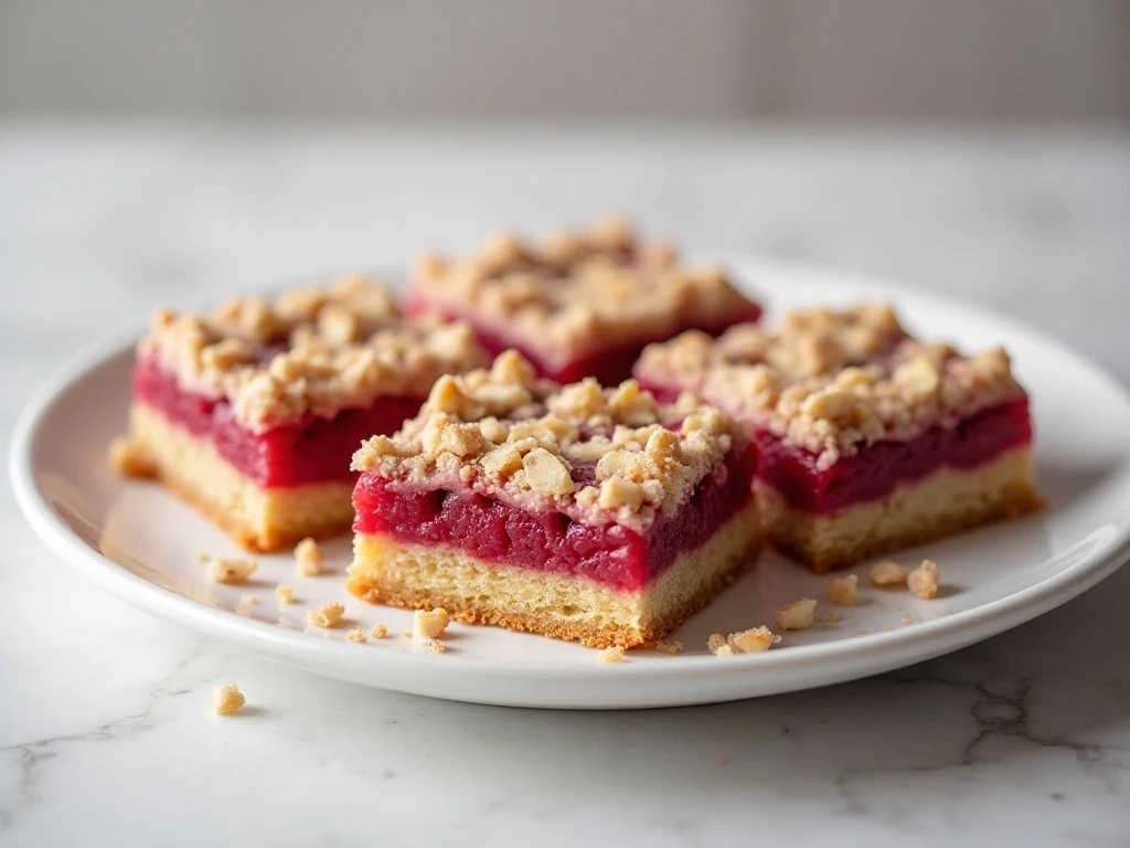 Stack of buttery raspberry almond bars with golden crumb topping
