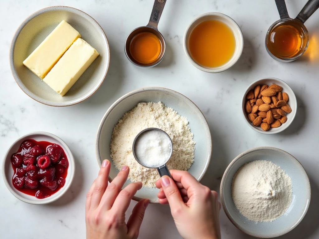Ingredients for easy raspberry bars with almonds