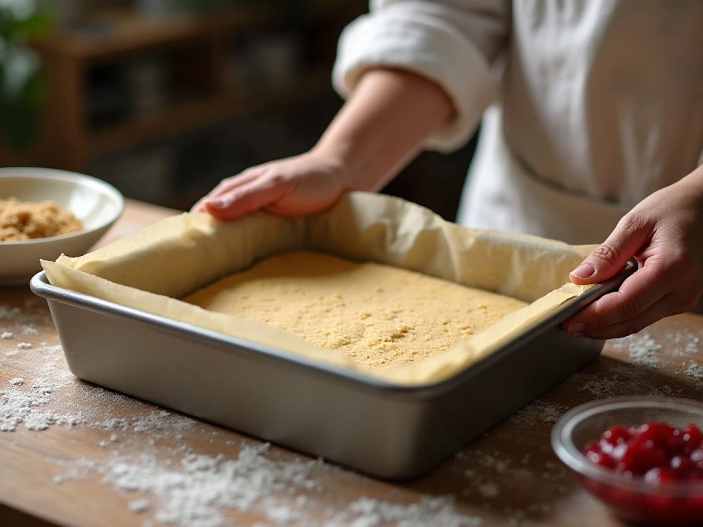 Pressing shortbread dough into a pan for raspberry bars