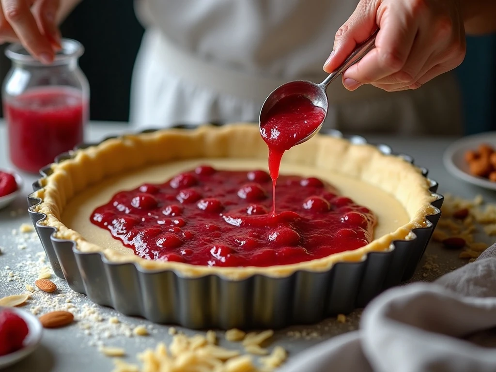 Spreading thick raspberry preserves over the bar crust