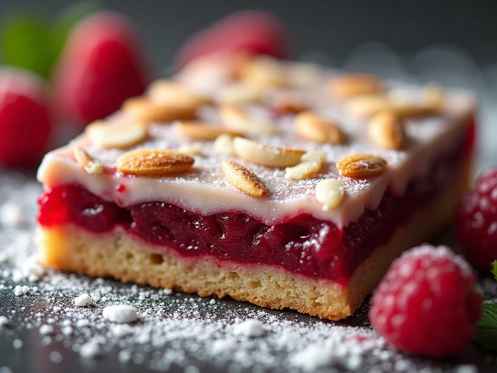 Close-up of raspberry almond bar with sliced almonds and glaze