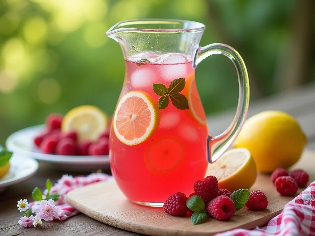 Pitcher of refreshing raspberry basil lemonade surrounded by summer garnishes
