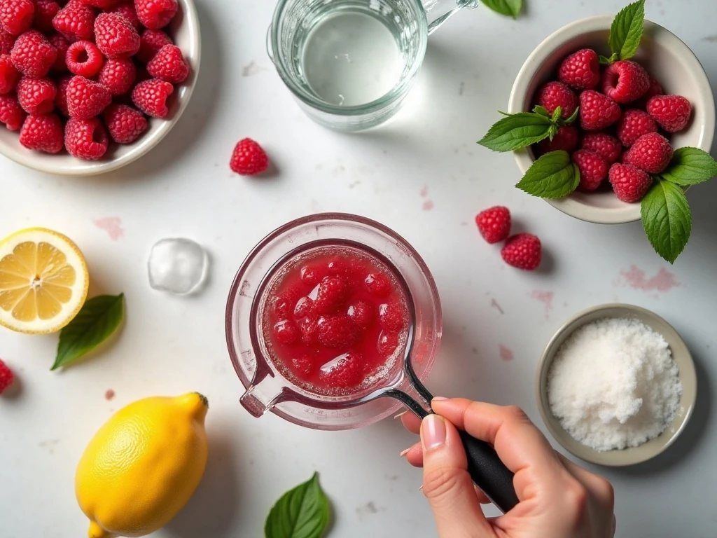 Ingredients for raspberry basil lemonade arranged on a kitchen counter