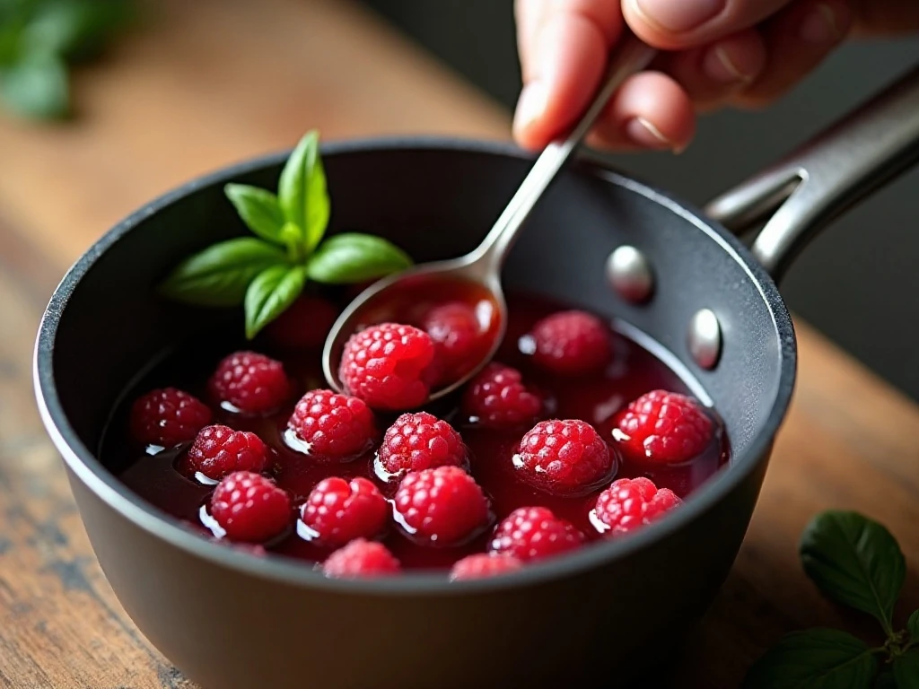 Raspberries simmering in syrup for homemade lemonade