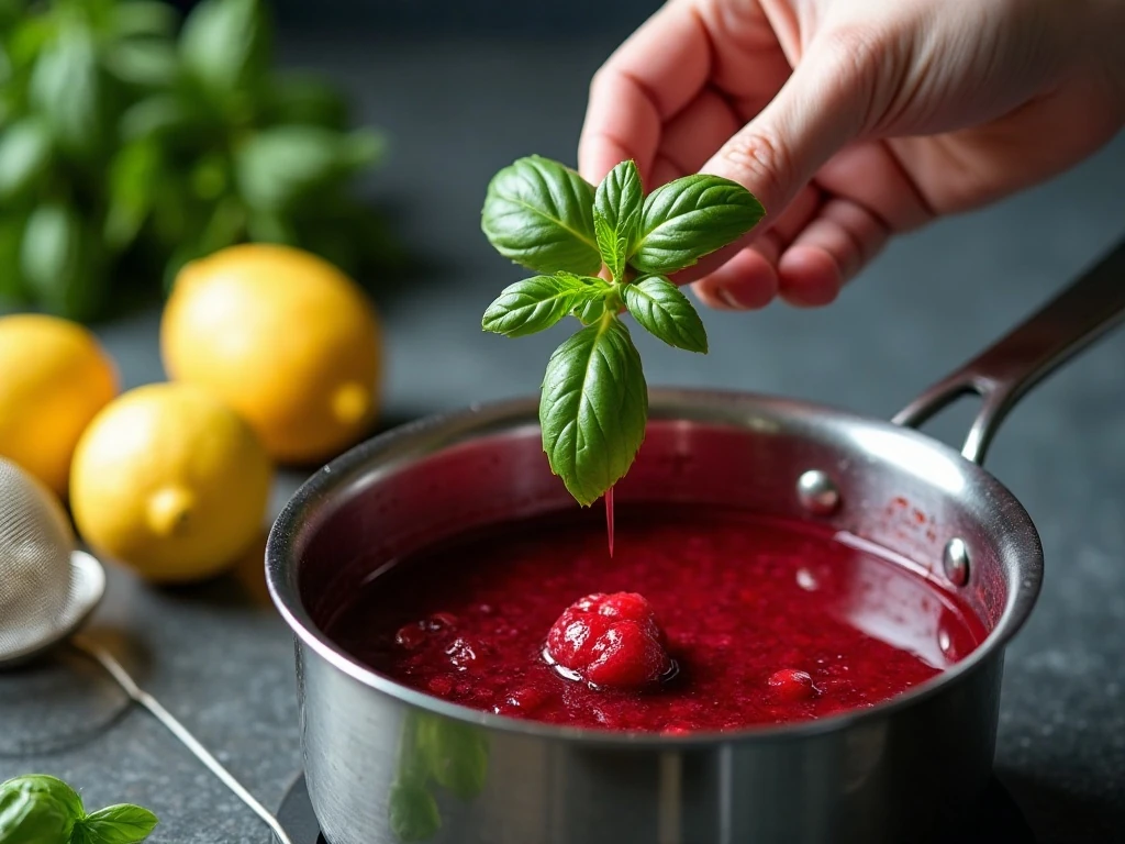 Fresh basil steeping in raspberry syrup for lemonade