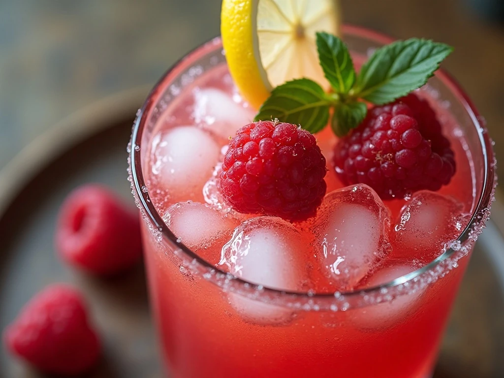 Garnished glass of raspberry basil lemonade with lemon and basil