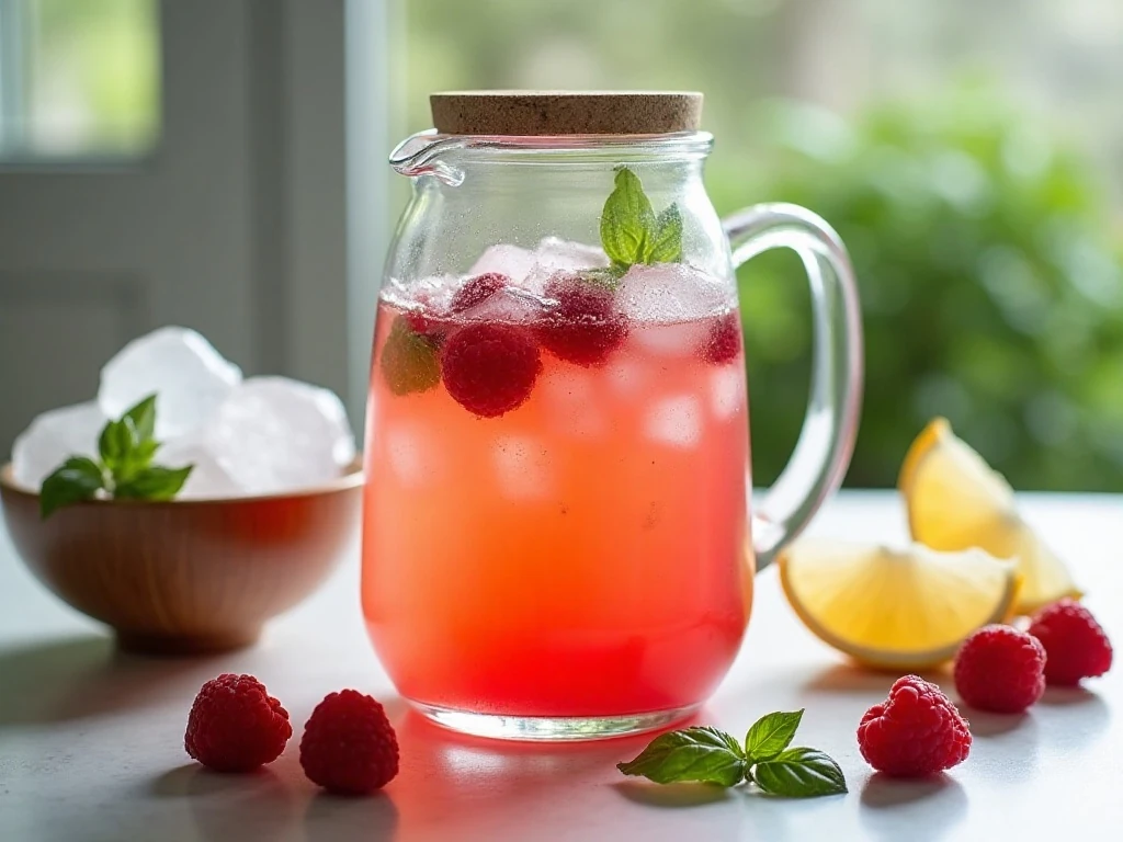 Prepared raspberry basil lemonade stored in a covered pitcher