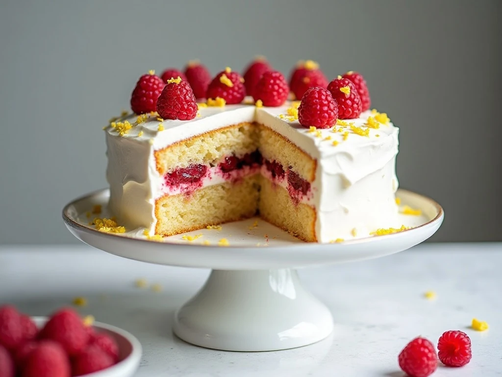 Two-layer raspberry cake with whipped lemon frosting and a slice showing fresh raspberries