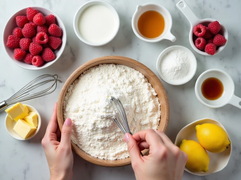 Ingredients for raspberry cake with whipped lemon frosting arranged on a countertop