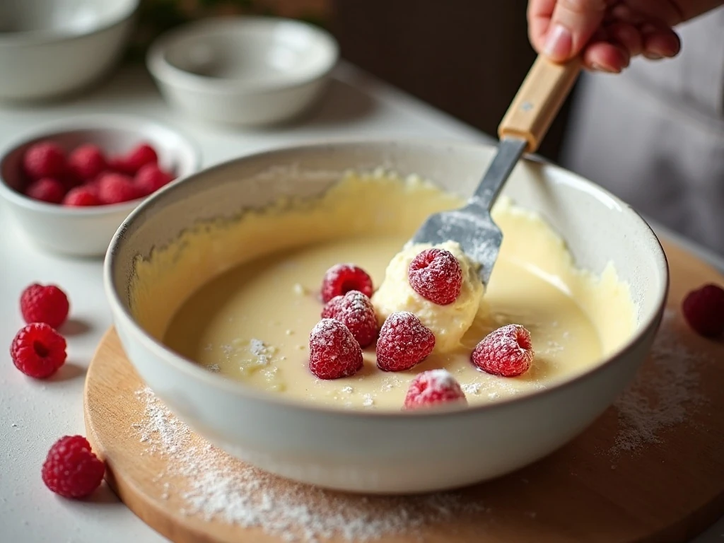 Folding fresh raspberries into cake batter before baking