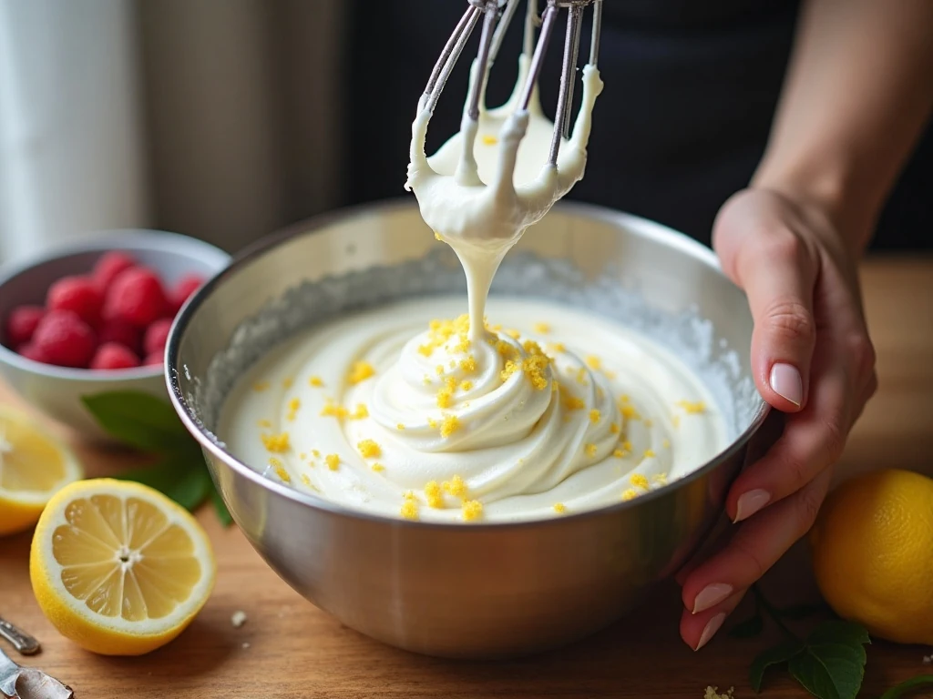 Whipping cold cream with lemon zest for the cake frosting