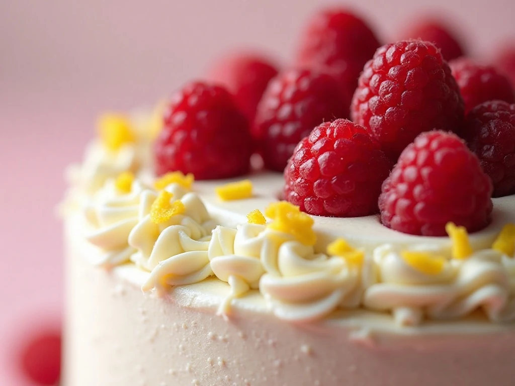 Fresh raspberries and lemon zest decorating whipped frosting on a cake