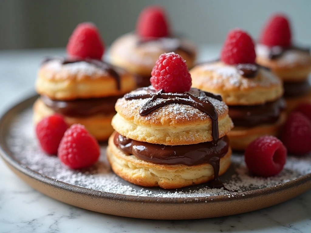 Raspberry chocolate cream puffs arranged on a serving platter