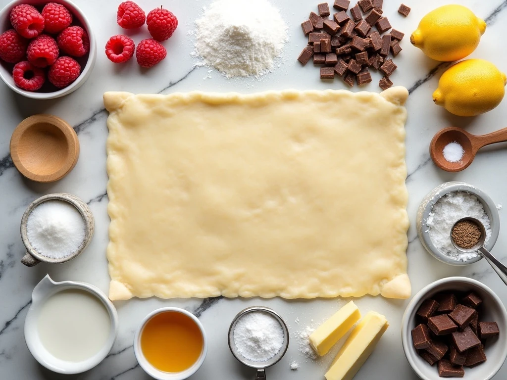 Ingredients for raspberry chocolate cream puffs with puff pastry