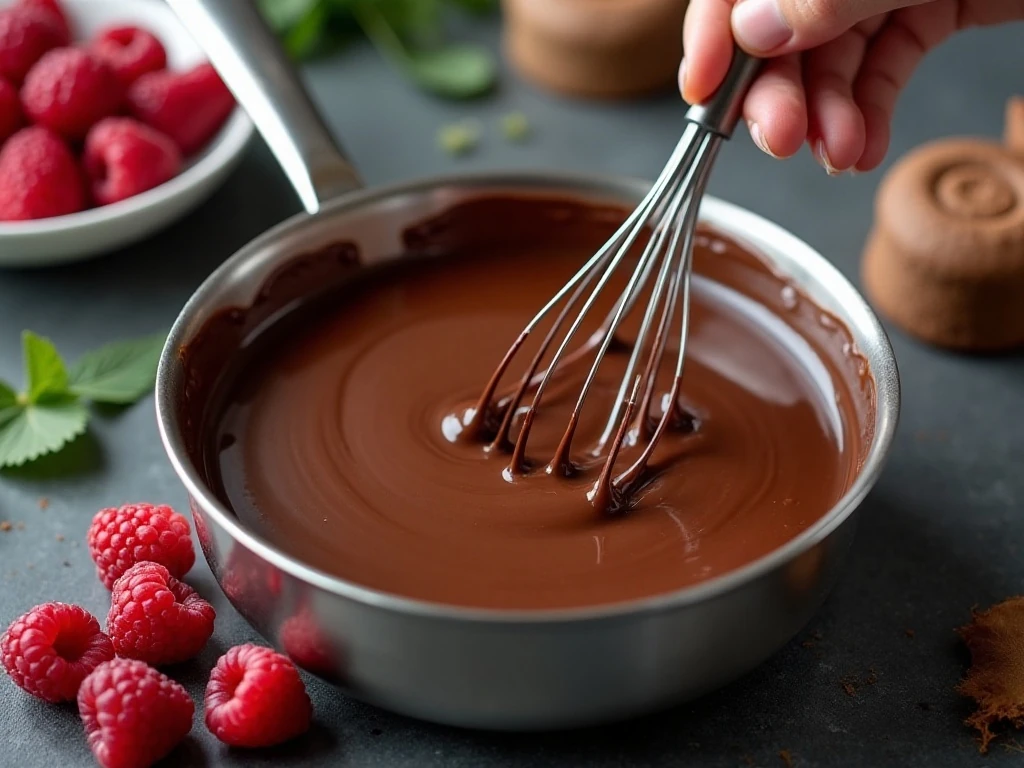Chocolate pastry cream and raspberry filling being prepared