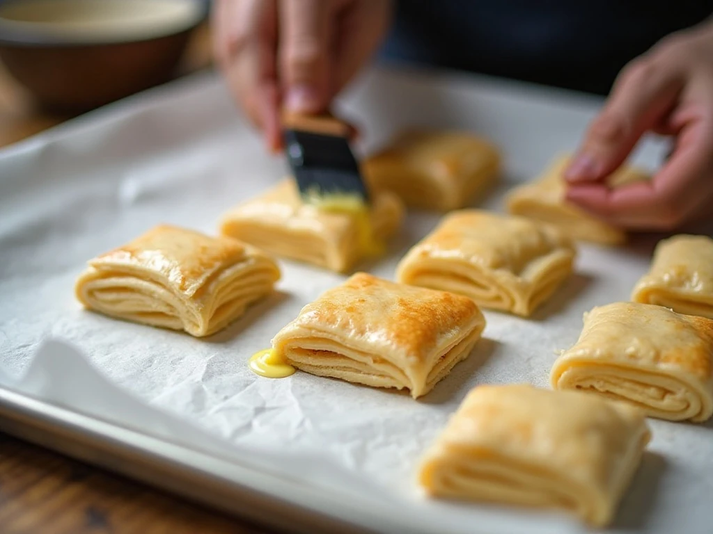 Brushing egg wash onto chilled puff pastry squares