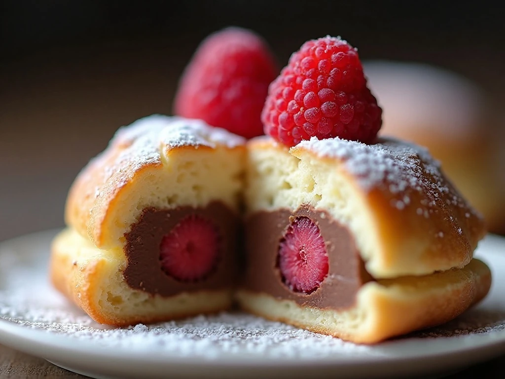 Close-up of chocolate and raspberry filling inside a cream puff