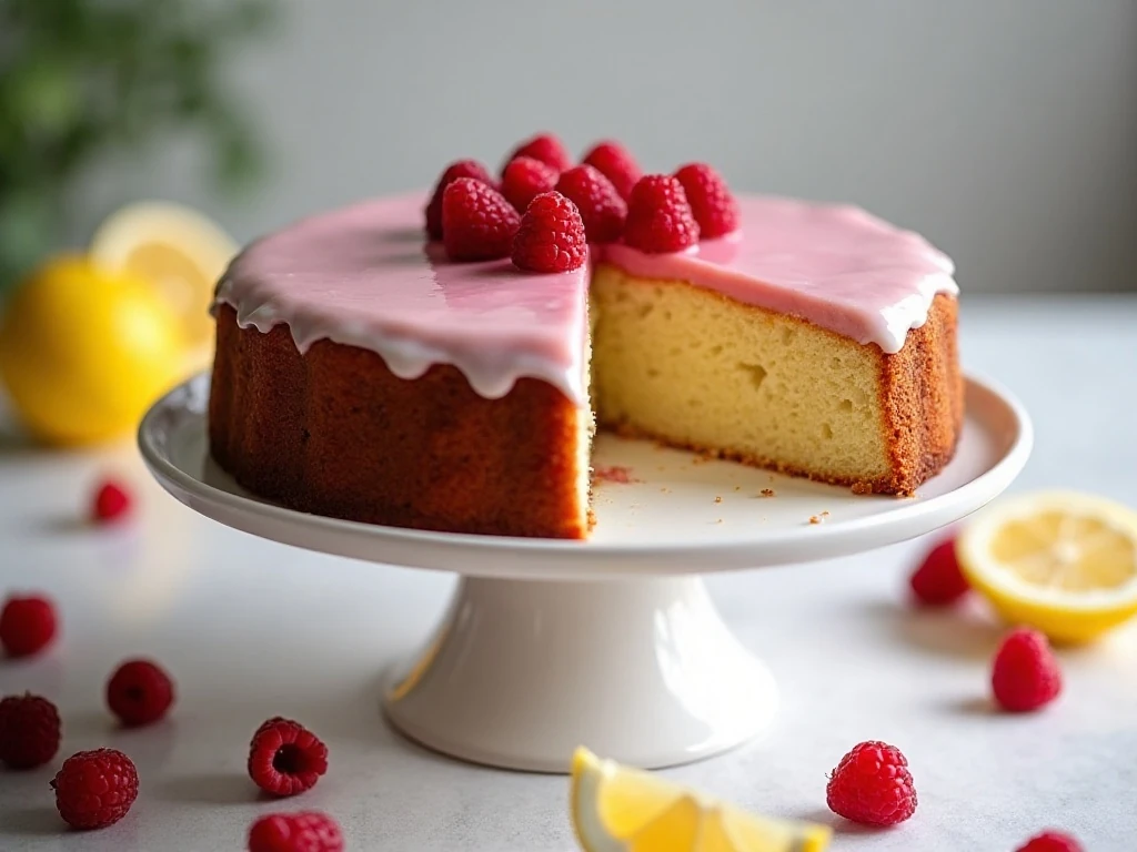 Easy raspberry lemon cake with fresh berries and lemon glaze