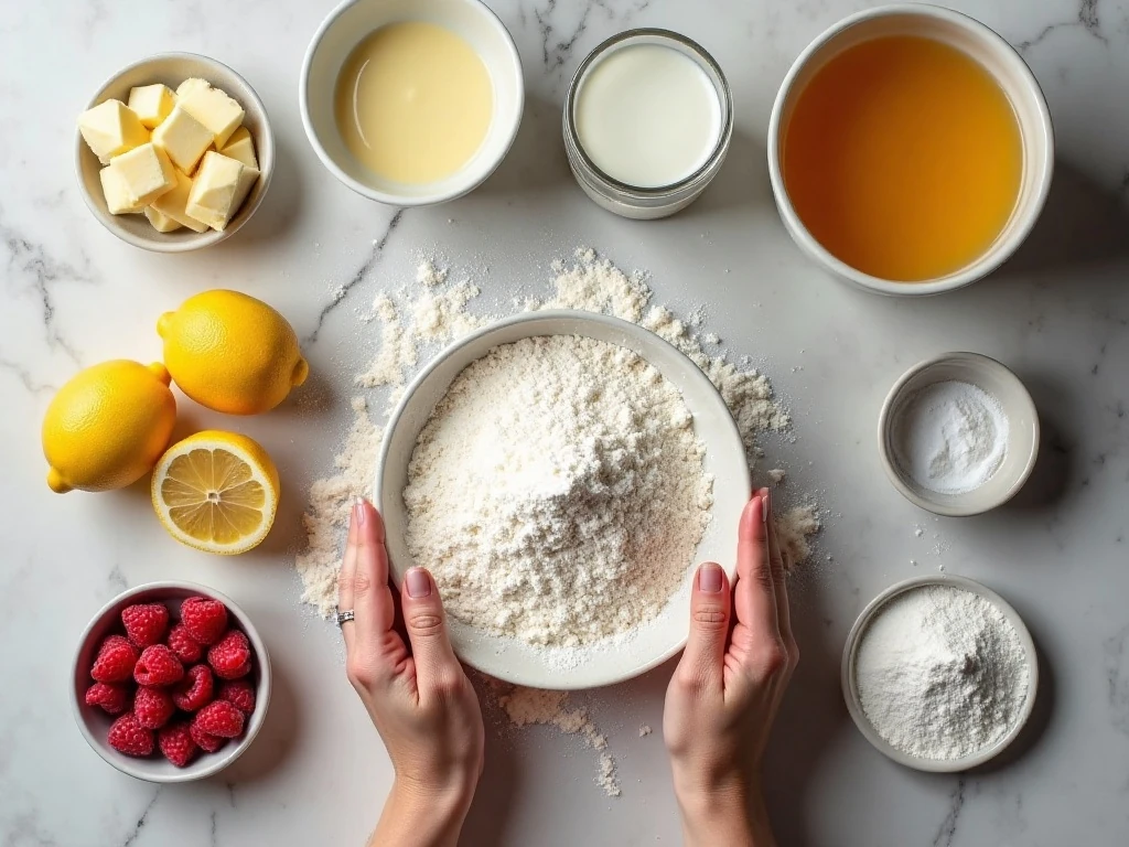 Ingredients for raspberry lemon cake arranged on a counter