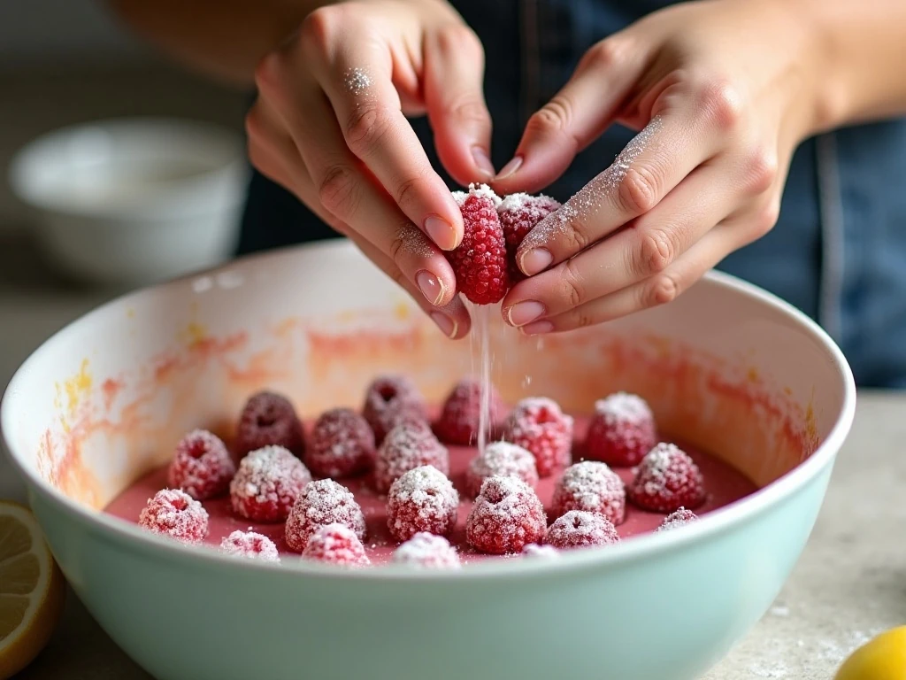 Folding raspberries into lemon cake batter