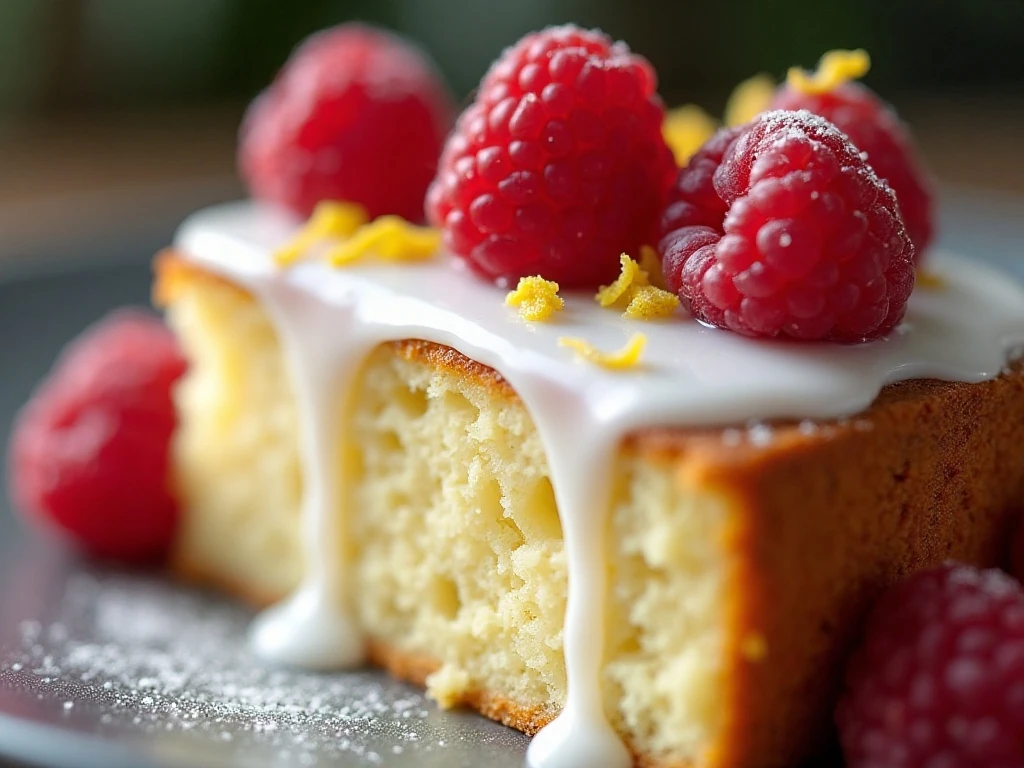 Lemon glaze, raspberries, and zest on a cake slice