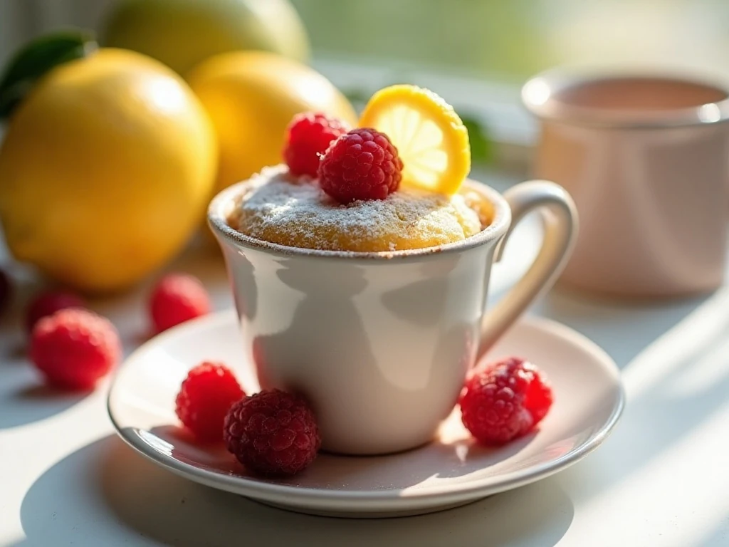 Warm raspberry lemon mug cake served in a ceramic mug