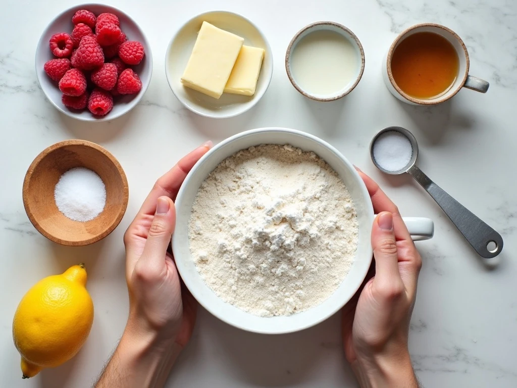 Measured ingredients for raspberry lemon mug cake