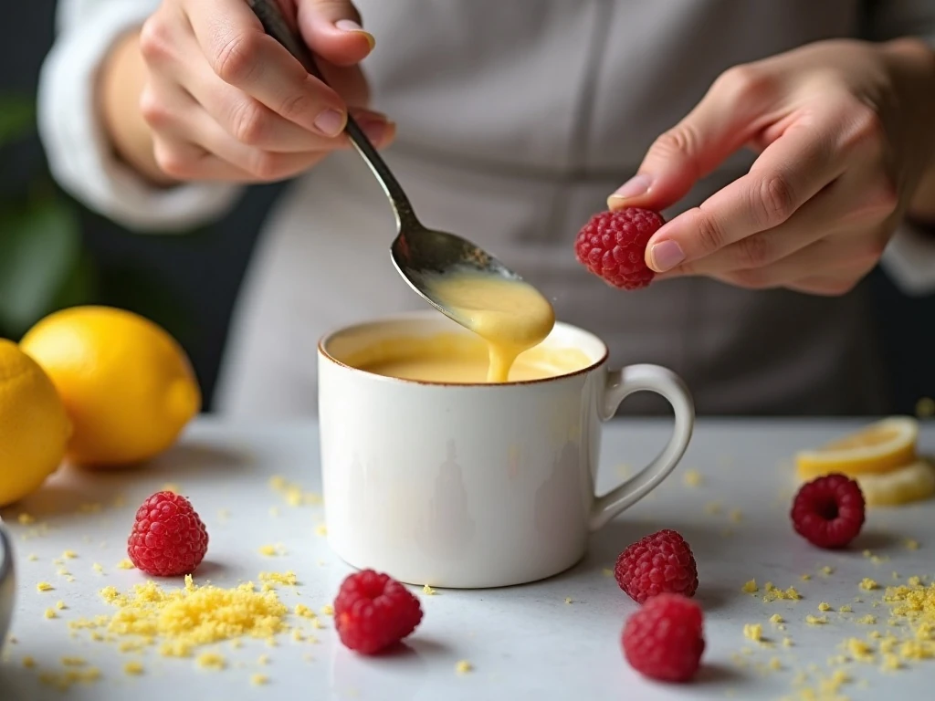 Mixing raspberry lemon mug cake batter in a mug