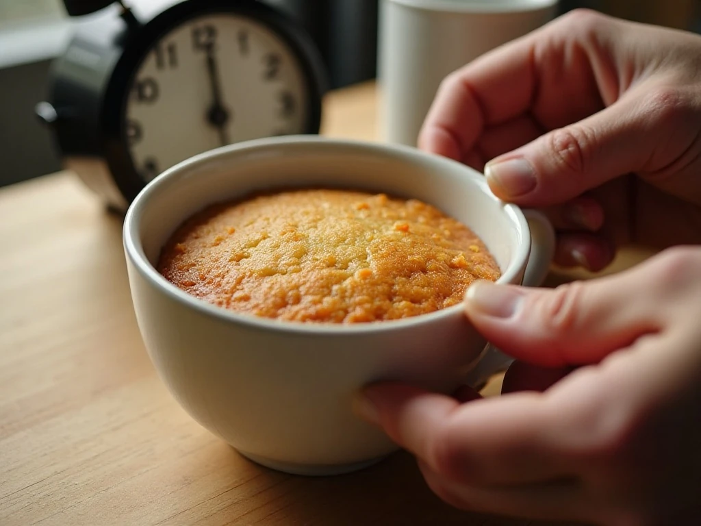 Freshly cooked mug cake with a set top and moist center