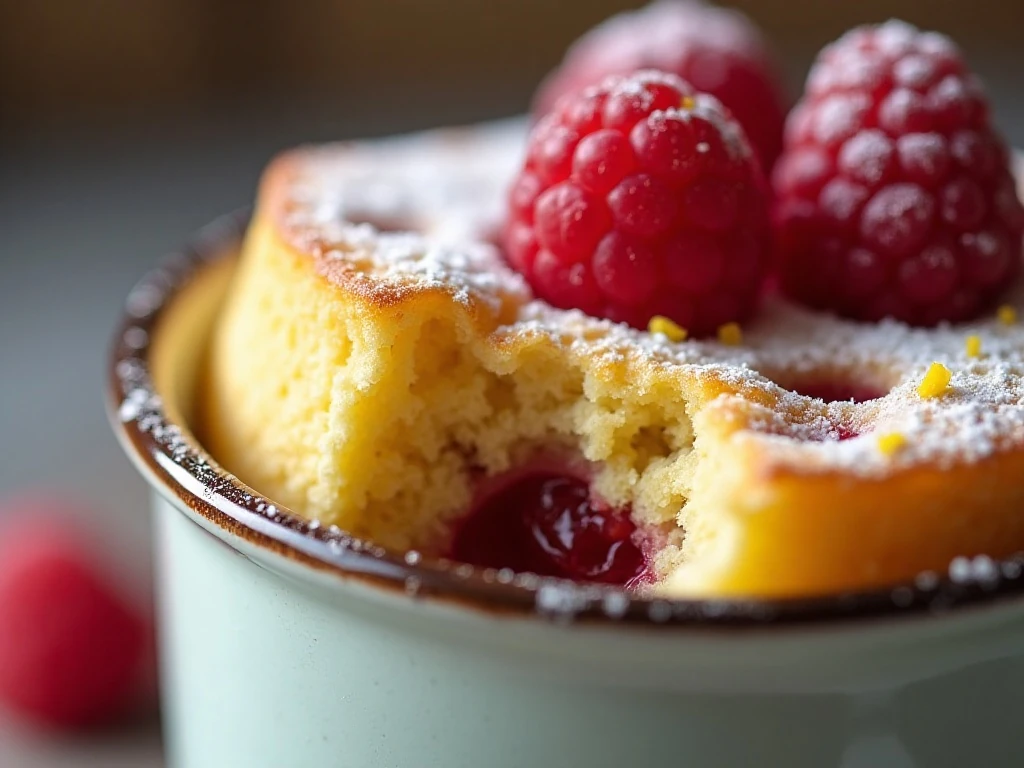Raspberry lemon mug cake topped with berries and confectioners’ sugar