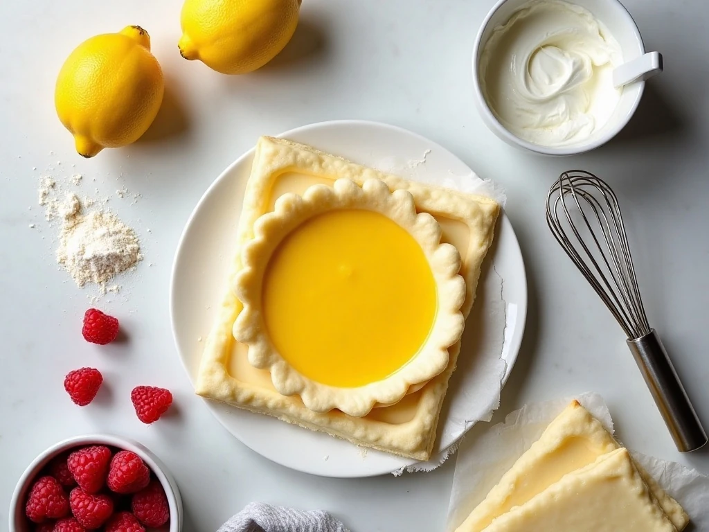 Ingredients for raspberry lemon napoleons arranged on a counter