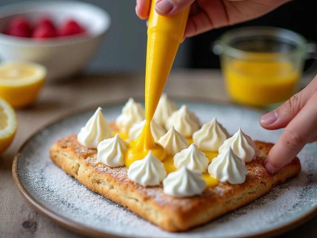 Whipped cream and lemon curd being layered onto puff pastry