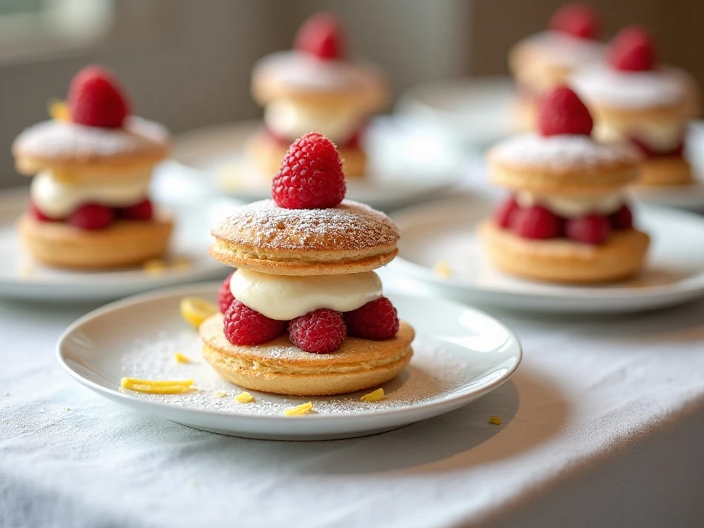 Six plated raspberry lemon napoleons dusted with confectioners’ sugar