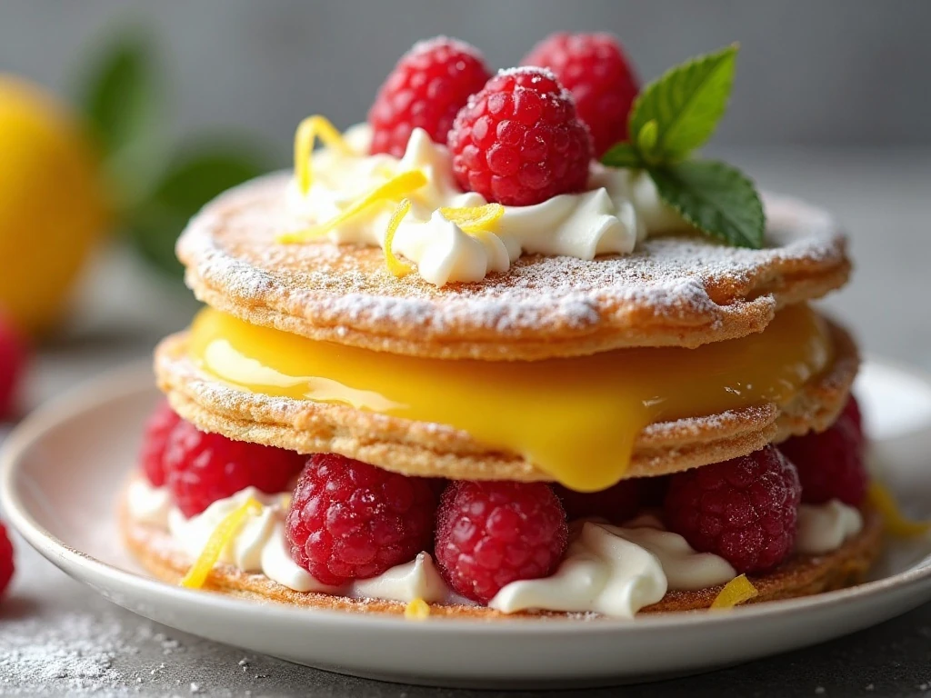 Close-up of crisp raspberry lemon napoleon layers and garnish