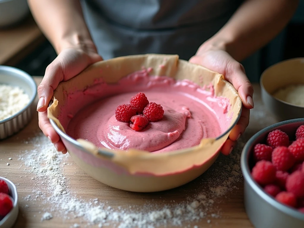 Gently folding raspberries into ricotta cake batter