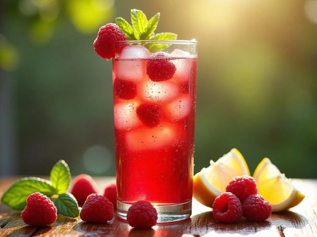 Refreshing raspberry sweet tea served over ice with lemon and mint