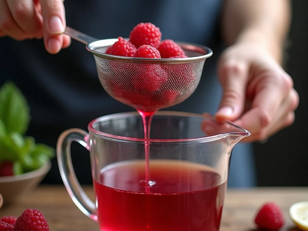 Straining raspberry syrup for smooth iced tea
