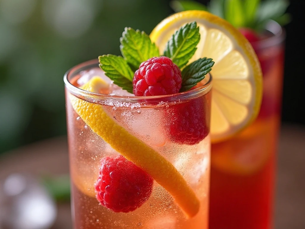 Raspberry sweet tea garnished with lemon raspberries and mint