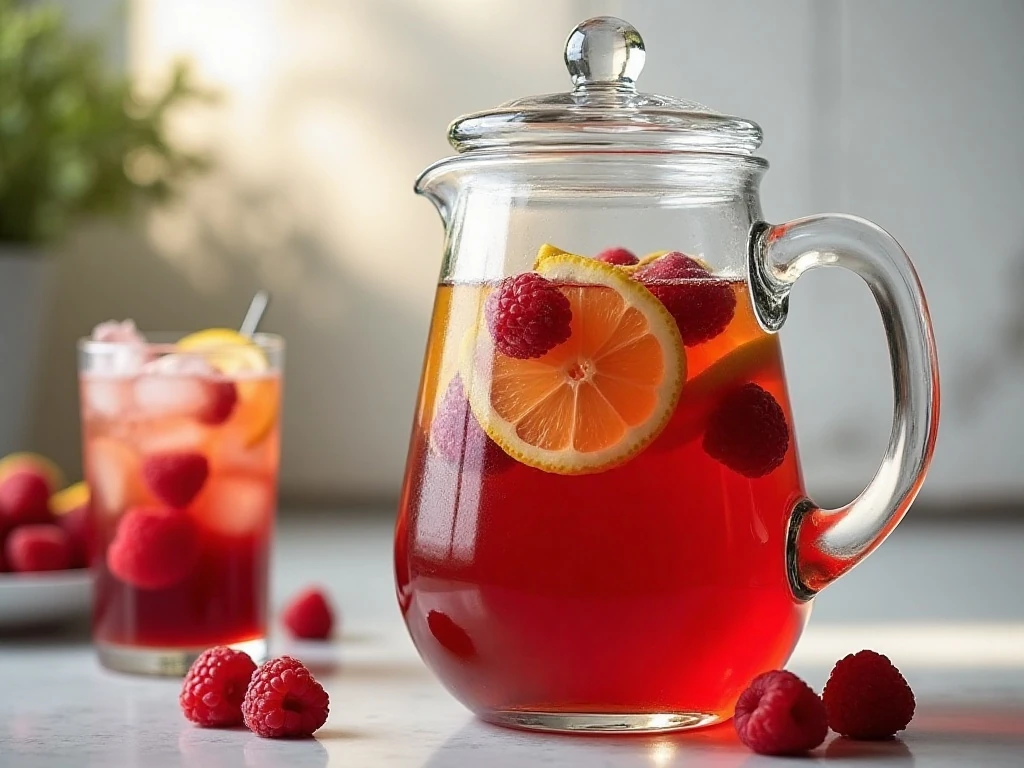 Pitcher of raspberry sweet tea ready to chill in the refrigerator