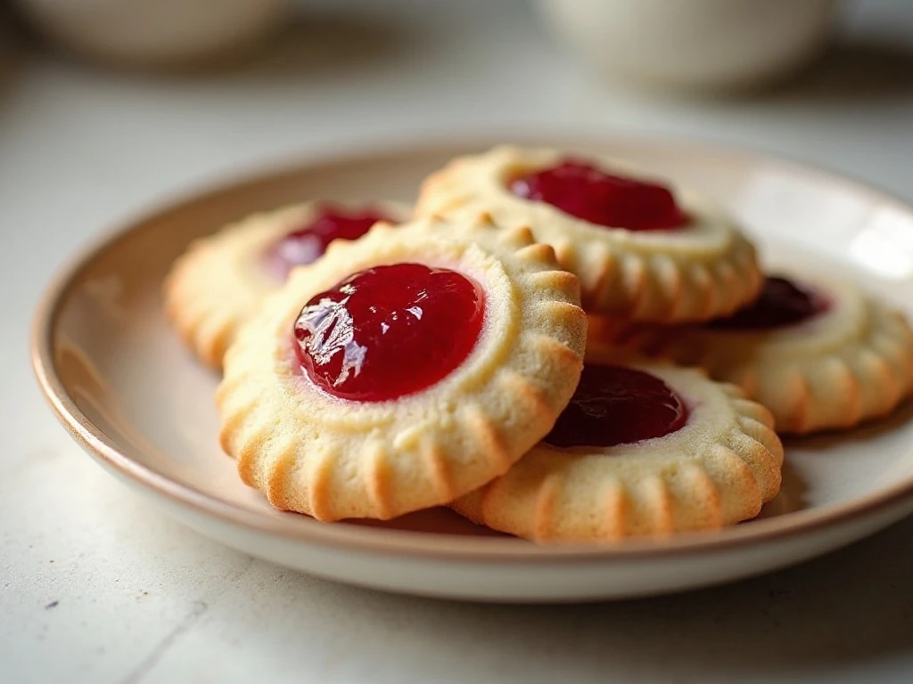 Plate of buttery raspberry thumbprint cookies with glossy jam centers